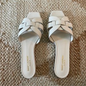Saint Laurent  Nu Pieds/Tribute Woven Leather Sandals - White, Size 39